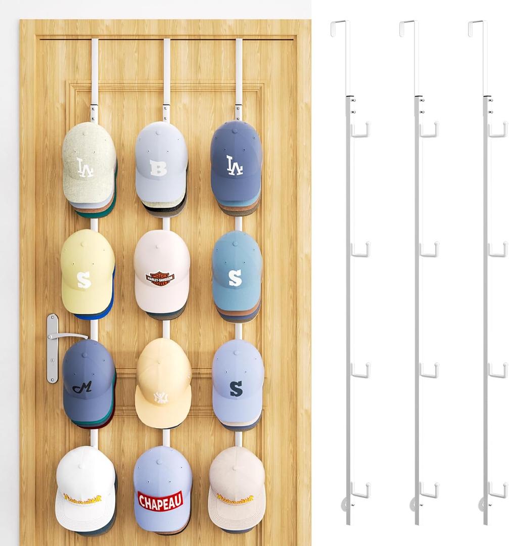 SWTYMIKI Over Door Hat Organizer - 3 Packs Metal Hanging Hat Rack with 12 Hooks Design, Baseball Cap Hanger Organizer Storage Holds up to 60 Caps for Door, Bedroom, Closet (white)