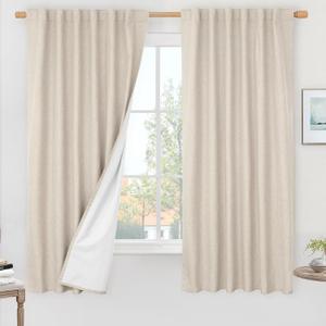 LAMIT 100% Blackout Oatmeal Linen Curtains, 63 Inches Linen Textured Thermal Bedroom Curtains Back Tab and Rod Pocket Neutral Panels with White Liner for Farmhouse, 2 Panels, 52 x 63 Inch