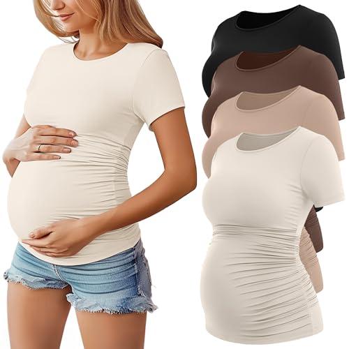 Huukeay 4 Pack Women's Maternity Shirts, Crew Neck Maternity Top Short Sleeve Casual Cotton Tee Side Ruched Pregnancy Clothes(Cream, Khaki, Coffee, Black,Large)
