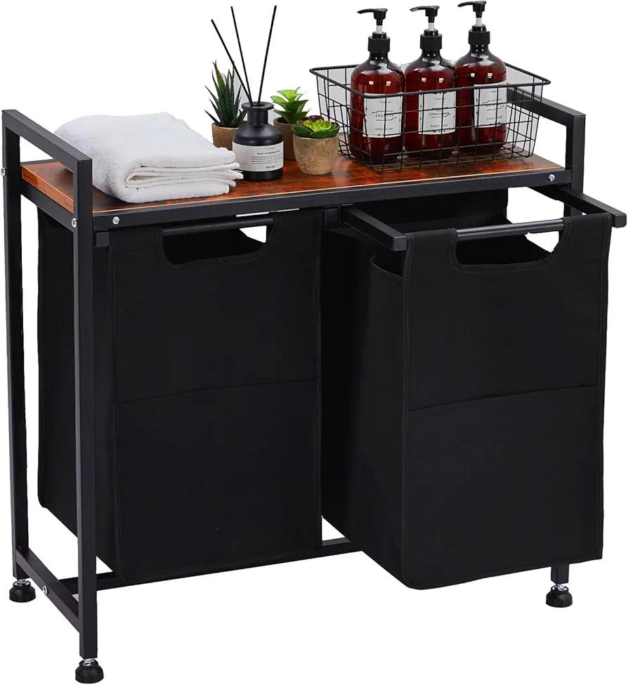 VASAGLE Laundry Hamper, Laundry Basket, Laundry Sorter with 2 Pull-Out and Removable Bags, Shelf, Metal Frame, 2 x 12.1 Gallons (46L), 28.8 x 13 x 28.4 Inches, Rustic Brown and Black UBLH201B01