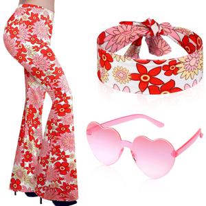 Tisancy 3 Pcs 60s 70s Outfit for Women Hippie Costume Set Disco Flared Pants Groovy Outfit Party Accessories M