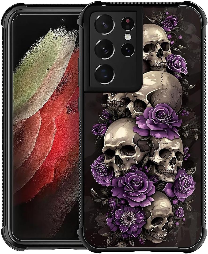for Samsung Galaxy S21 Ultra Case, Shockproof Protective for Man Women Non-Slip for Samsung Galaxy S21 Ultra Illustration Scary Skulls Purple Roses Crazy Pattern