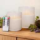 Dotted Glass Flameless Candles with Remote Timer, Real Wax Battery Operated LED Pillar Candles with 3D Flickering Flame for Festival Wedding Home Party Decor, 3" x 4", 4" x 5", Set of 2 (White)