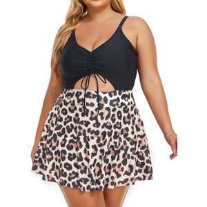 Summer Mae Women's Plus Size One Piece Swim Dress Floral Cutout Swimsuits V-Neck Bathing Suit with Skirt (Black)
