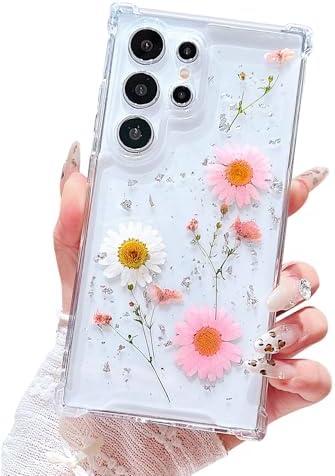 Lewrtser Compatible with Samsung Galaxy S23 Ultra Case Cute Pressed Dried Real Flowers Design Women Girly Shockproof Glitter Floral Clear Phone Cover S23 Ultra (Pink Flower)