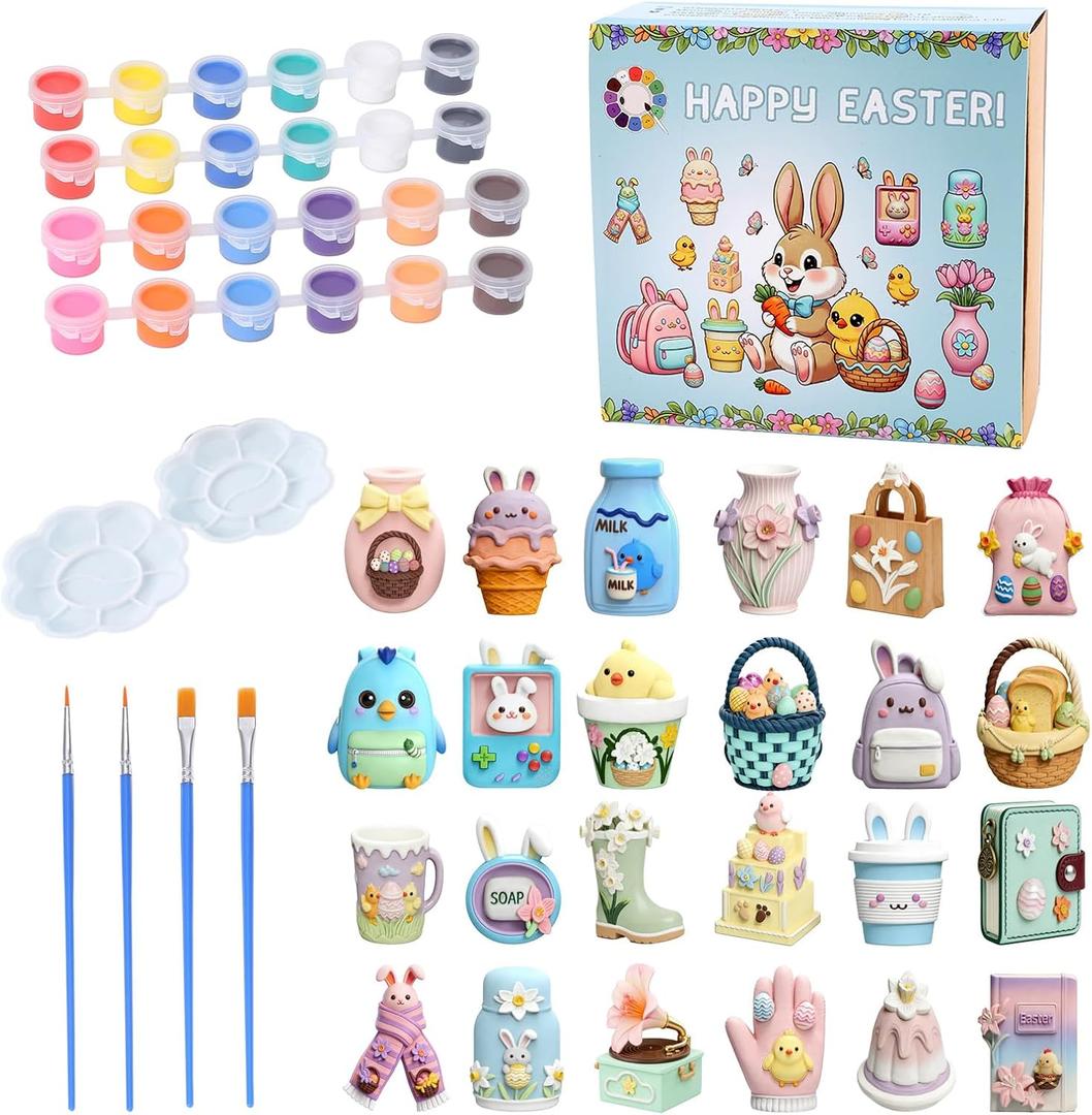 GloomGlo Easter Theme Paint Your Own Plaster Figurines Kit - 24 Pcs Figures with Paints, Brushes & Palettes for Kids Arts Crafts Supplies24pcs