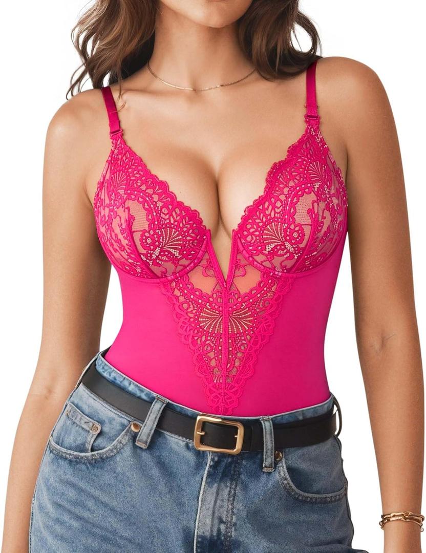 Popilush Shapewear Bodysuits for Women Lace Corset Tops Tummy Control V Neck Sleeveless Body Suit Thongs (X-Large, Pink)
