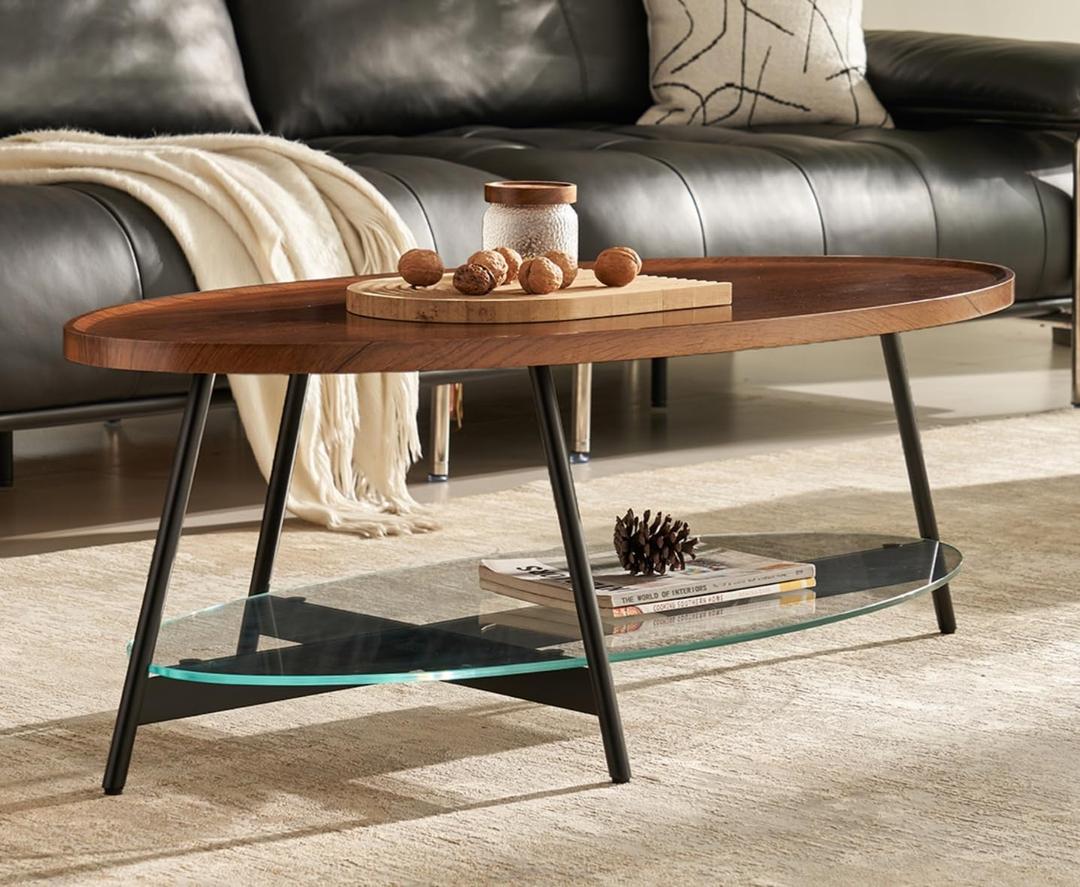 Shrine Glass Coffee Table, Black Walnut Table for Living Room, Glass and Wood Table, 43.3" D x 21.6" W x 15.7" H, Clear Glass Base, Walnut Wood Top&Black Metal Frame