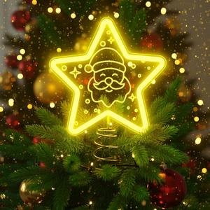 Christmas Star Tree Topper with LED Gold Light, Santa Claus Design, USB or Battery Operated, Christmas Tree Ornament for Indoor Office Xmas New Year Holiday Tree Decoration, 11 in