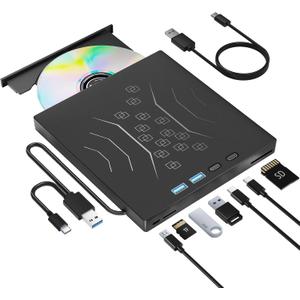 Wbacon 7 in 1 External Blu Ray Drive, Support 100G Disc R/W Portable Blu Ray Player with USB 3.0 Type-C, CD DVD Burner 3D Blu Ray with SD/TF Port, Blu Ray Burner Compatible with Windows Laptop Desktop