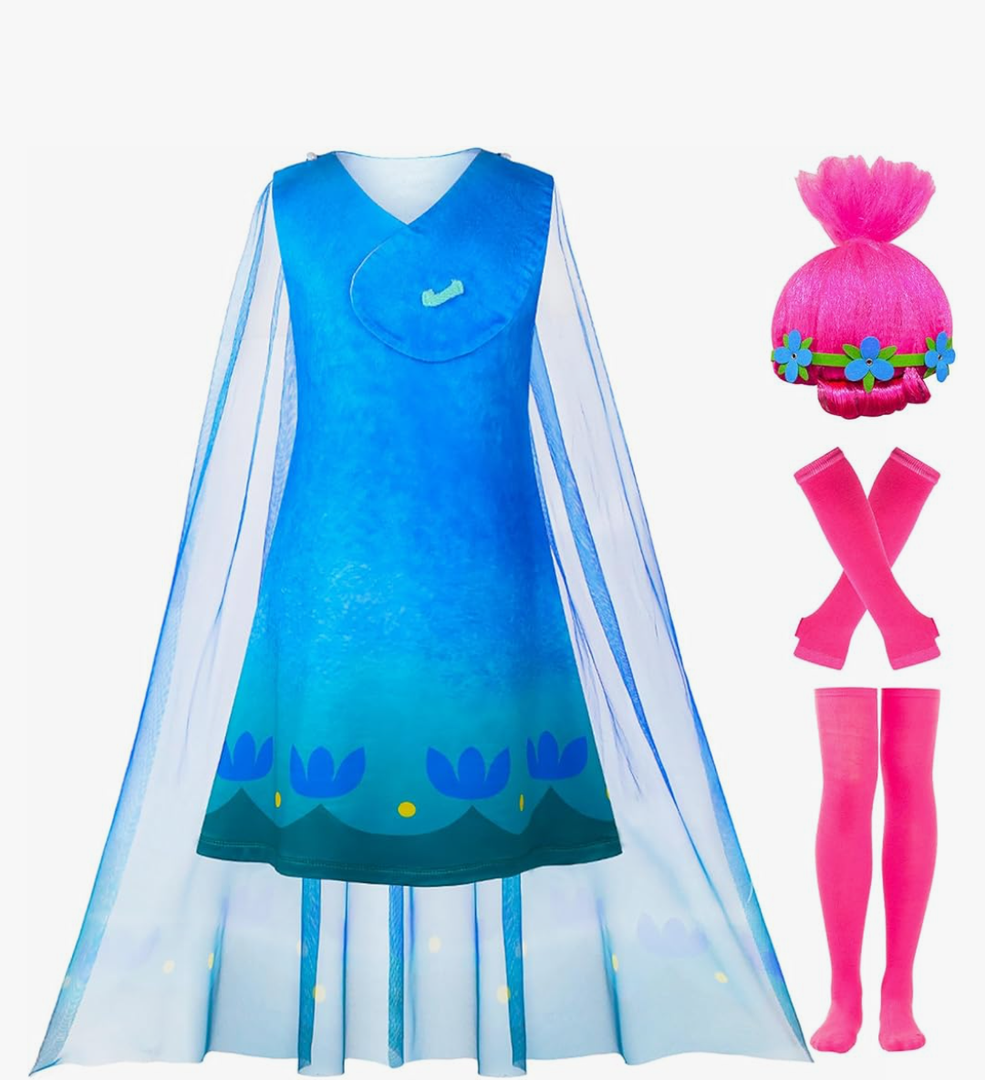 Kids Princess Poppy Dress Costume for Girls Cosplay Halloween Outfits Dress Up Birthday Party with Wig, Size 110