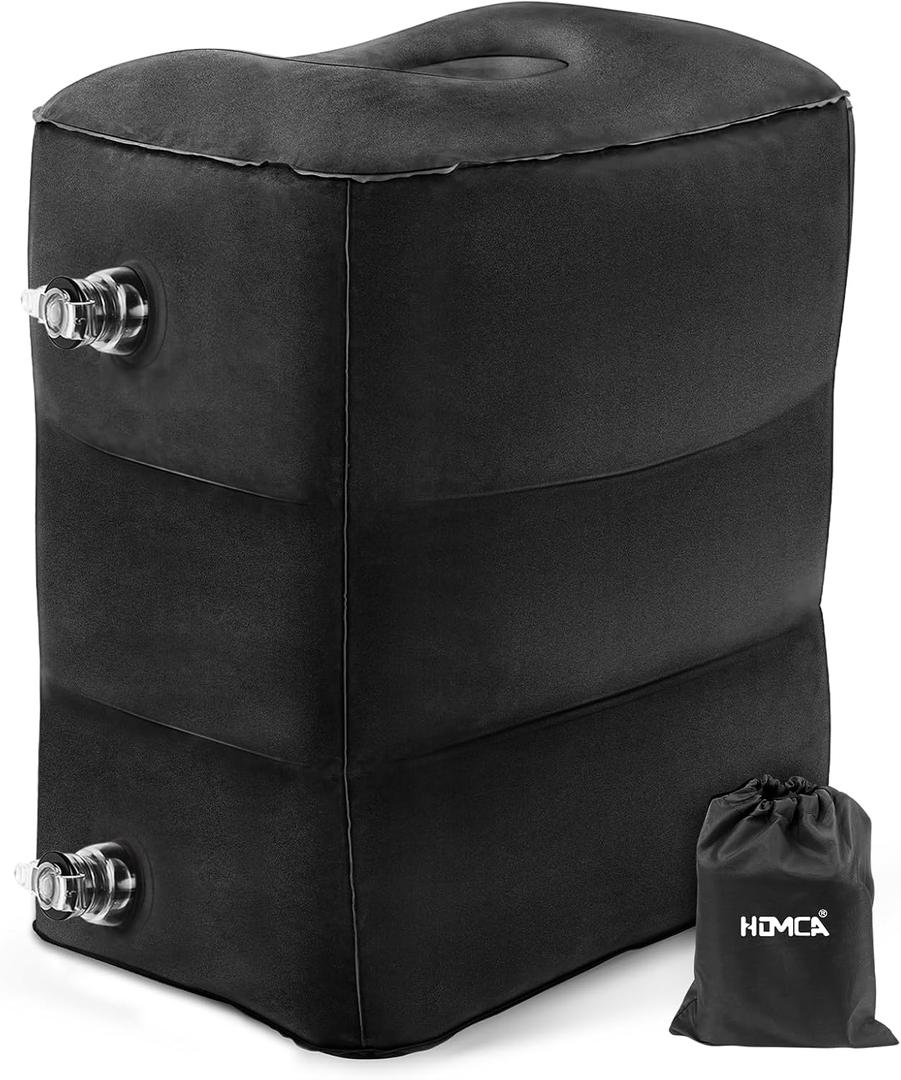 HOMCA Inflatable Travel Foot Rest Pillow, Adjustable Height Leg PillowFast Inflating Airplane Bed for ToddlersFootrest Pillow for Office, AirplaneTrainCarsHome (1 Pack, Black)