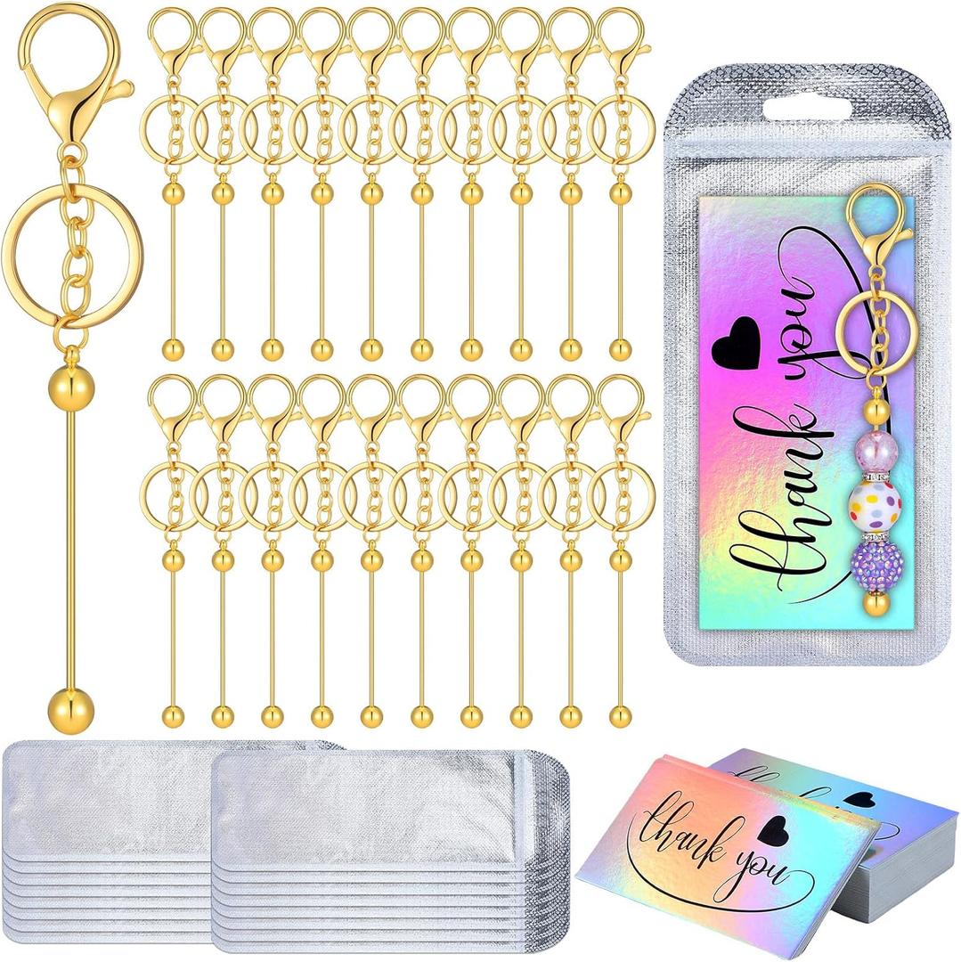 Sasylvia 60 Pcs Beadable Keychain Bars Set 20 Beaded Keychain 20 Resealable Pouch Bag 20 Thank You Cards for DIY Craft Making(Gold)