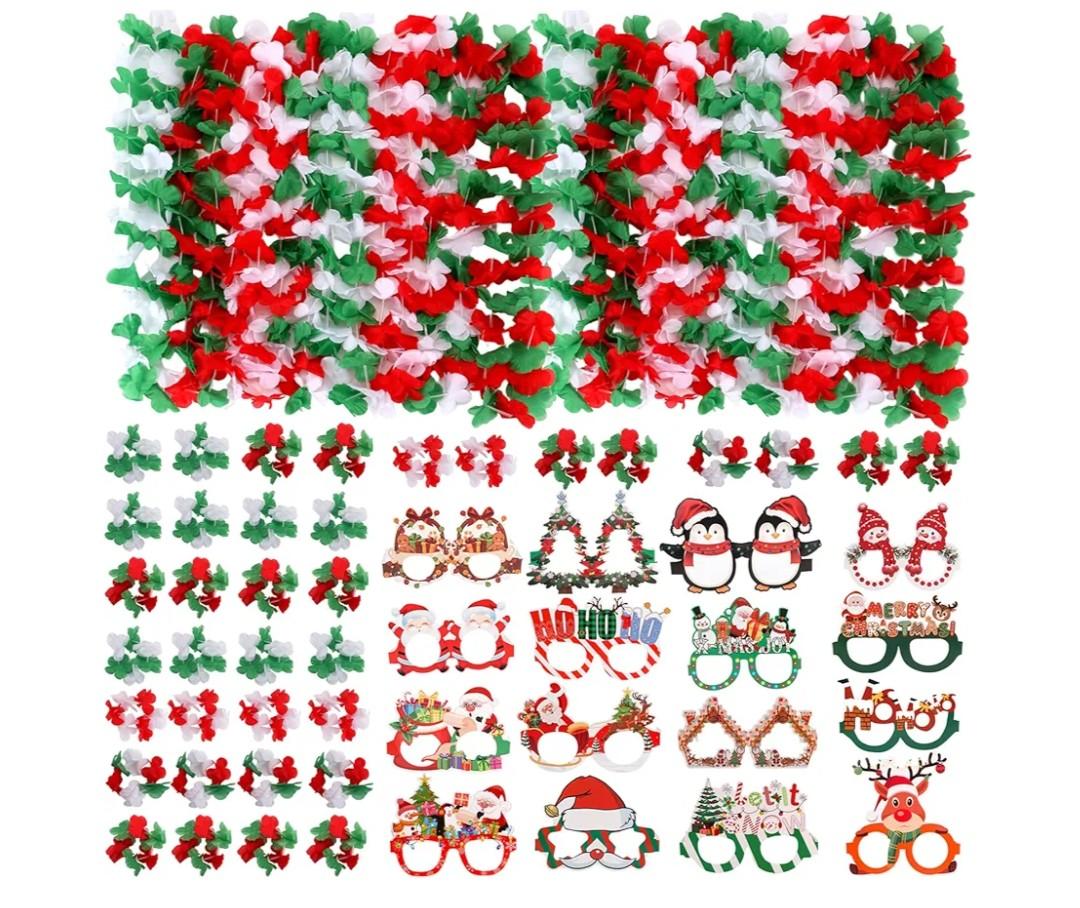 Atonofun 64 PCS Leis for Christmas Party Decorations- Leis Bulk, Red and Green Flower Lei for Adults Birthday Christmas Party Favors Supplies