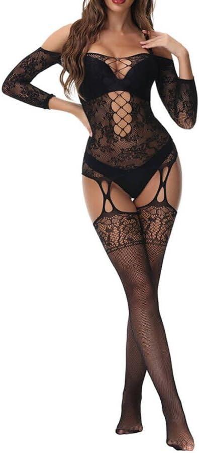 XIUSEMY Women Sexy Bodystocking One Piece Badydoll Fishnet Lingerie Nightwear Plus Size (Black Type 3)