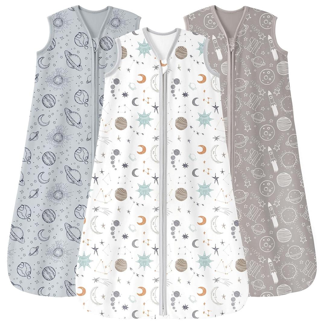 Baby Sleep Sack 6-12 Months 3 Pack 100% Cotton Lightweight 0.5 TOG Wearable Blanket Baby Sleep Bag with 2-Way Zipper for Newborn Infant White Gray Blue Space (Medium)