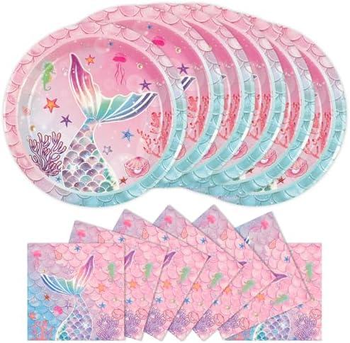 BOKFJBP 40pcs Mermaid Party Supplies Mermaid Themed Party Decorations for Princess Girls Baby Shower Under the Sea Little Birthday Decorations Ocean Party Tableware 9inPlates 
& Napkins for 20 Guests