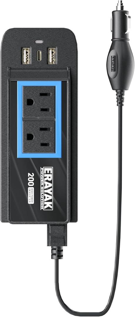 ERAYAK 200W Car Power Inverter, 18W USB-C Charger, DC 12V to 110V AC Car Plug Adapter Outlet with Detachable Cigarette Lighter Plug, Truck Car Accessories Suitable for Long Road Trips