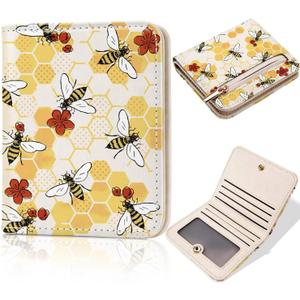Toughergun Bee Happy Funny RFID Small Wallet Women, Slim Thin Vegan Leather Bifold Wallet with Zipper Coin Pocket & ID Window, Cute Mini Travel Credit Card Holder Gift for Women Ladies Teen Girls