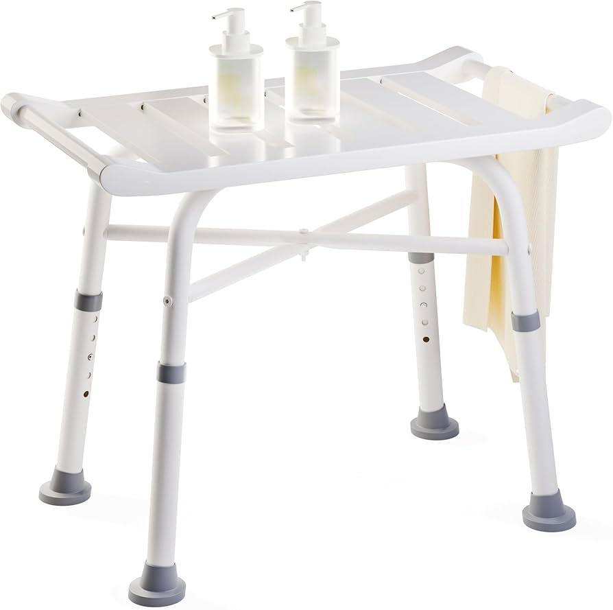 Hellojin Shower Stool Bench Bamboo Seat - Black Bathroom Chair Rust Resistant Aluminium Legs Sturdy Spa Bath Seat Adjustable Feet,23.5 Inch