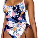 Viottiset Women's Ruched High Cut One Piece Swimsuit Tummy Control Bathing Suit Monokini (3X-Large, Blue Printed Pattern)