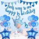 Half Way To One Banner - 20 Pcs Blue 6 Months Birthday Decorations Including Happy 1/2 Birthday Banner Cake Topper Star Foil Balloon Latex Balloons for Baby Shower Baby Boys Party Supplies