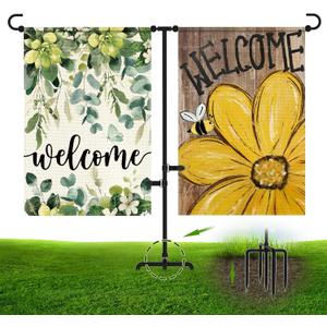 Garden Flag Pole Holder with 5-Prong Base – Heavy Duty Metal Outdoor Stand with Powder-Coated Finish, Clip & Stopper for Double Flags, Yard Decor Display