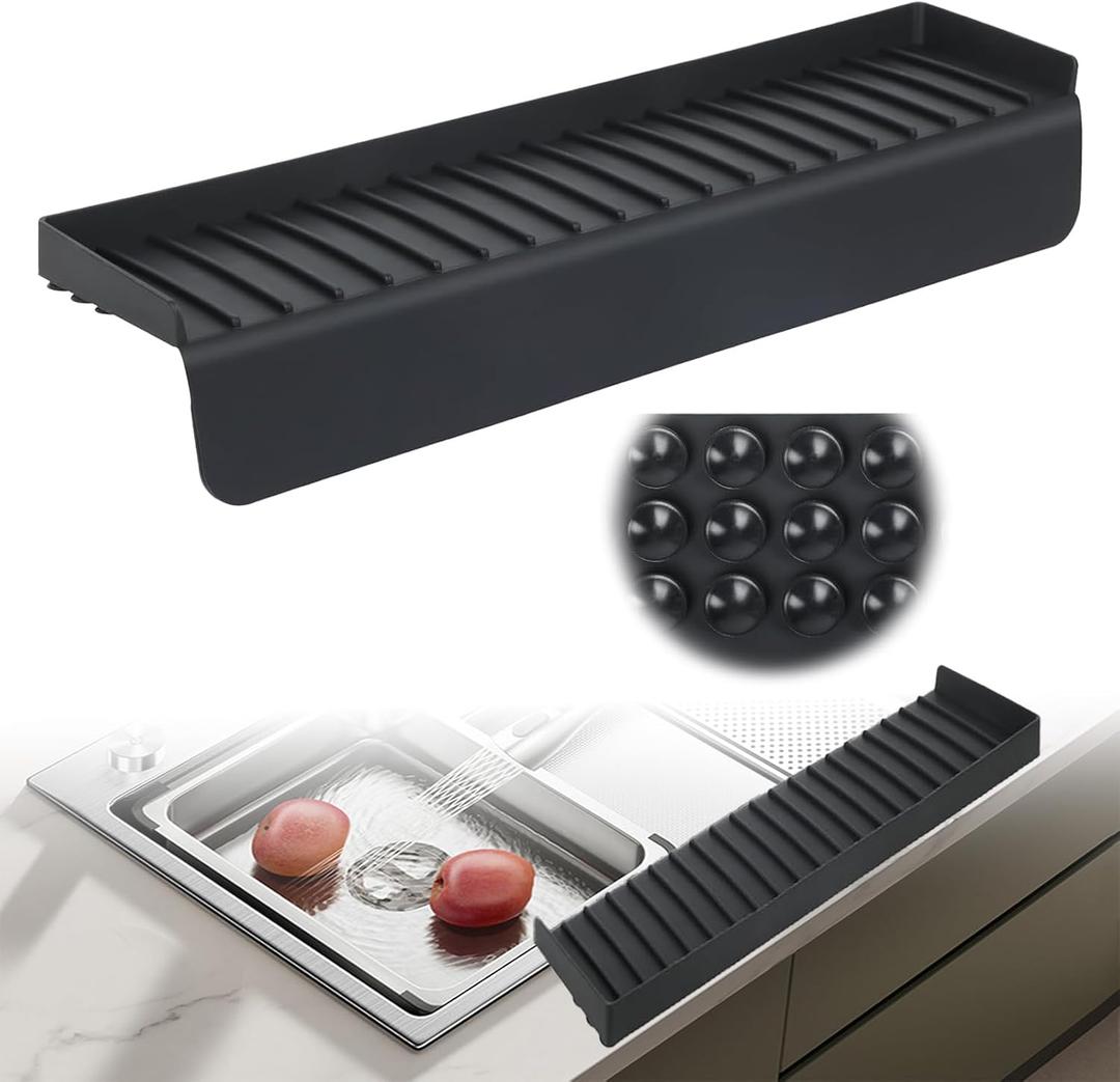 Silicone Sink Edge Protector with Suction Cup 4" x 20",Kitchen Sink Splash Guard for Kitchen, Bathroom Sink, Steel, Granite, Quartz Countertops,Multifuctional Sink Accessories (Black)