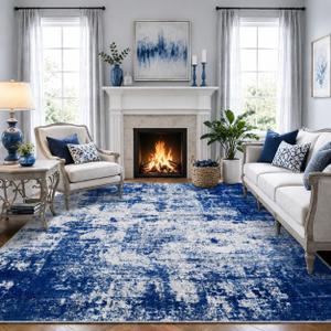 5x7 Rug Washable Non-Slip Living Room Rugs,Blue Area Rug Soft Vintage Distressed Pattern Carpet for Bedroom Dining Room, Foldable Thin Floor Mat for High Traffic Areas
