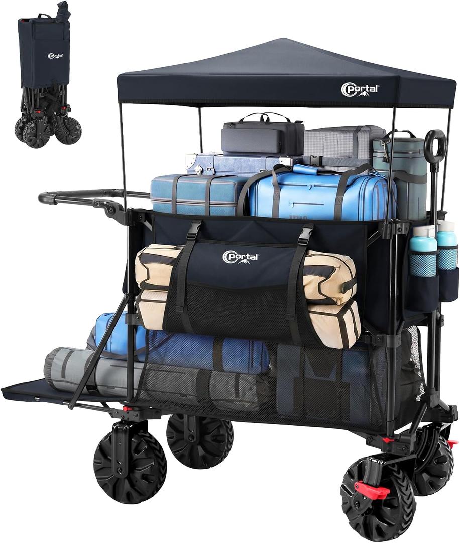 Push & Pull Double Decker Wagon with Canopy,400L Folding Large Capacity Heavy Duty Wagon Cart,450 lb Collapsible Cart with Brakes, 54 Extended Foldable for Sports, Beach, Camping,Shopping