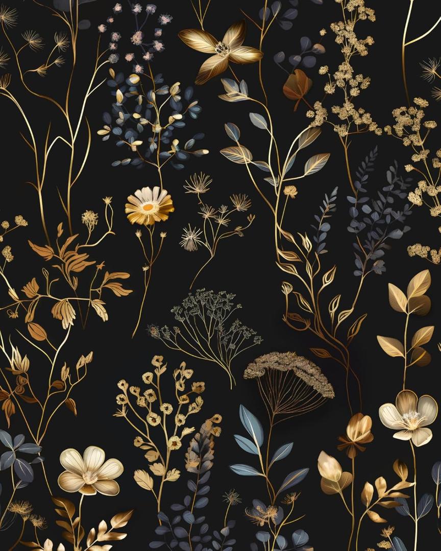Black Floral Peel and Stick Wallpaper Vintage Boho Gold Leaf Contact Paper Flower Wall Mural Home Vinyl Waterproof Self Adhesive Removable Renter Friendly Wall Paper 17.5" x 118" (Multicolor)