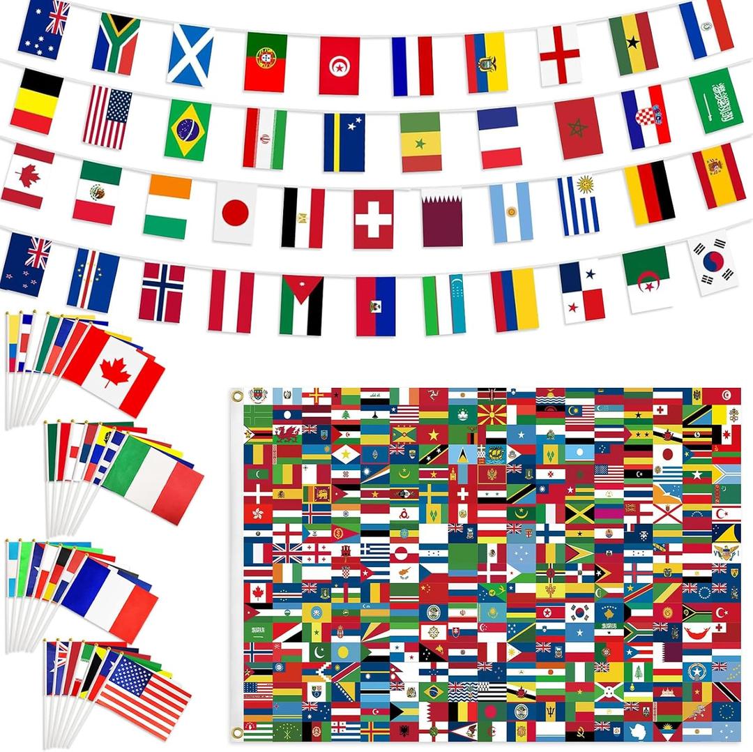 48 Countries Flag 2026 World Cup Handheld Flags & String Flag Country Flag Set World Cup Decorations Bunting Banner Grand Opening Decorations for Olympic International Football Fan Soccer Party National Day