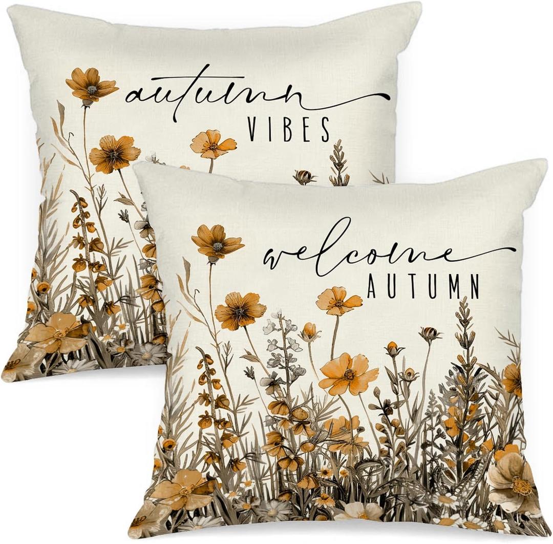 Fall 14x14 Throw Pillow Covers Set of 2, Watercolor Flowers Decorative Holiday Pillow Case 14 x 14 Autumn Cushion Covers Thanksgiving Pillowcase for Indoor Home Bedroom Couch Sofa Decor