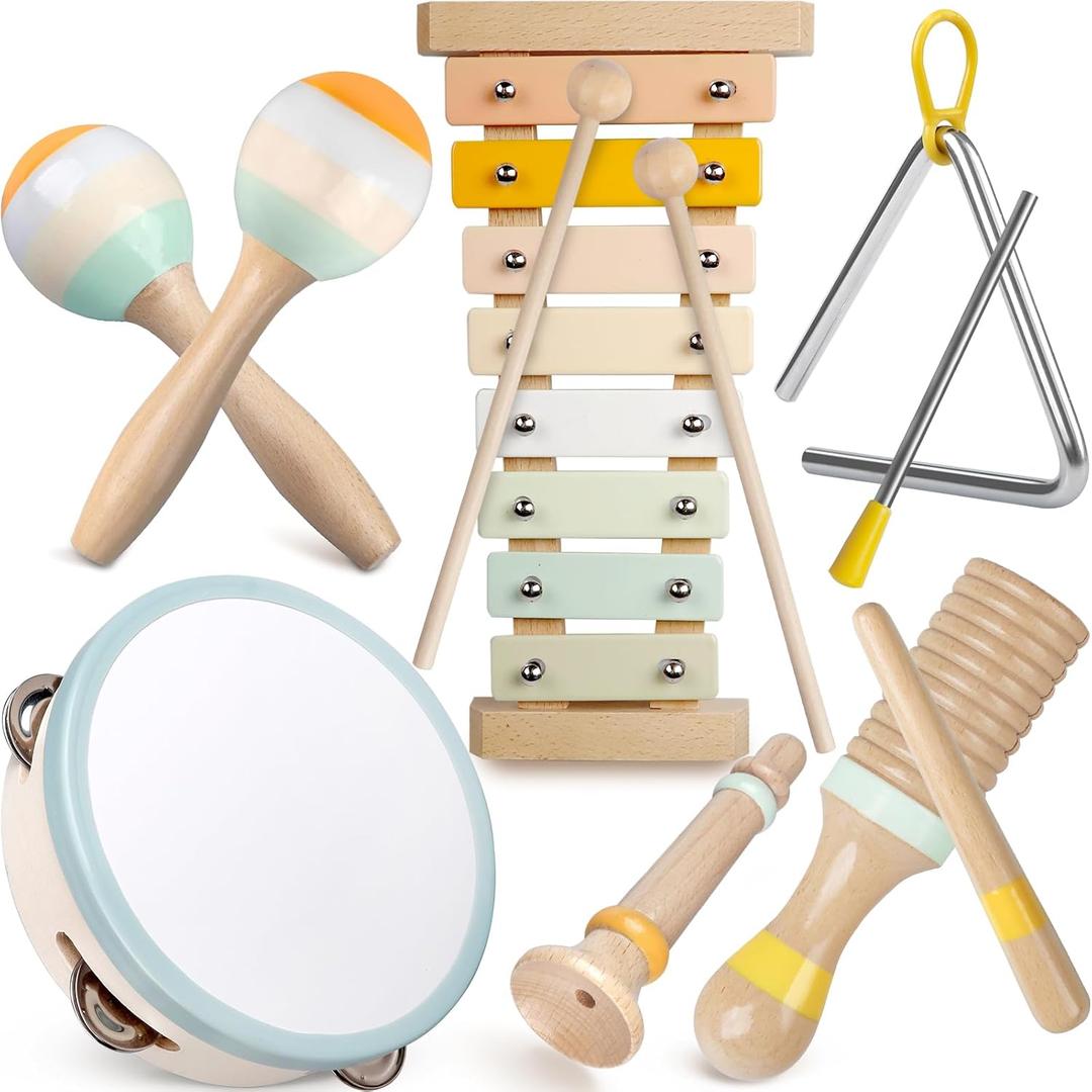 Baby Musical Instruments - Neutral Colors Musical Toys for Toddlers 1-3, Montessori Wooden Percussion Instruments Set with Modern Boho Xylophone Tambourine, Kids Preschool Educational Birthday Gifts (Multicolored)