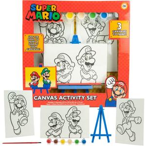 Super Mario Canvas Painting Kit for Kids, 3 Preprinted Mini Canvases for Painting, Easel, 6 Paint Pots and Brush, Acrylic Paint Set for Children