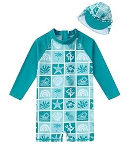 uideazone Baby Boy Rash Guard 6-12 Months Bathing Suits Long Sleeve One Piece Green Shell Swimsuits with Sun Hat UPF 50+ Sun Protection Swimwear