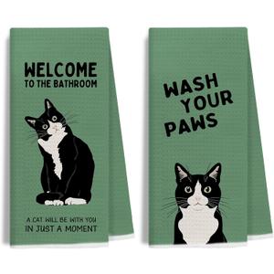 Retro Green Tuxedo Cat Bathroom Hand Towels, Cat Bathroom Decor, Black and White Kitty Kitten Hand Towels for Washroom Restroom, 16x24 Inches Set of 2