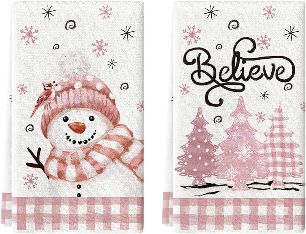 Artoid Mode Pink Xmas Tree Snowman Christmas Kitchen Towels Dish Towels, 18x26 Inch Farmhouse Holiday Winter Decoration Cleaning Set of 2