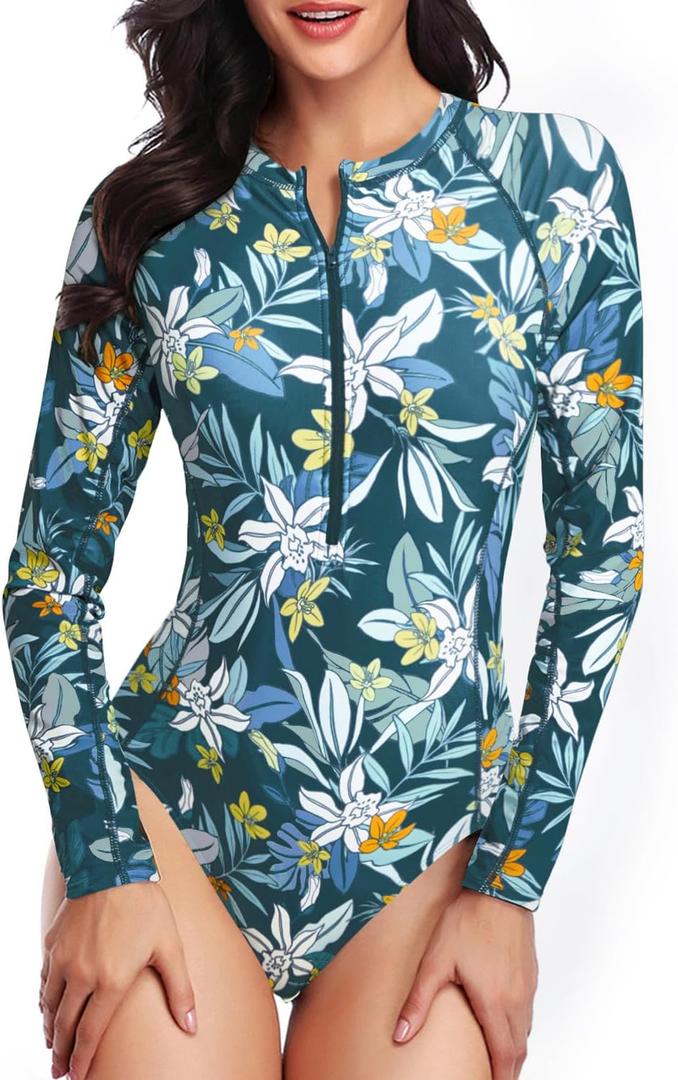 Daci Women Long Sleeve Rash Guard One Piece Swimsuit Zipper Surfing Bathing Suit UPF 50 (Medium, Blue Flower)