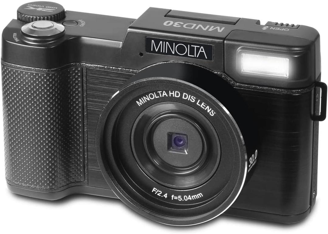Minolta 30MP Digital Camera  2.7K Ultra HD Video, 3-inch 180 LCD Screen, Face Detection, Anti-Shake, 9 Scene Modes, Photo Burst, Panorama, CMOS Sensor, 32GB Card (Black)