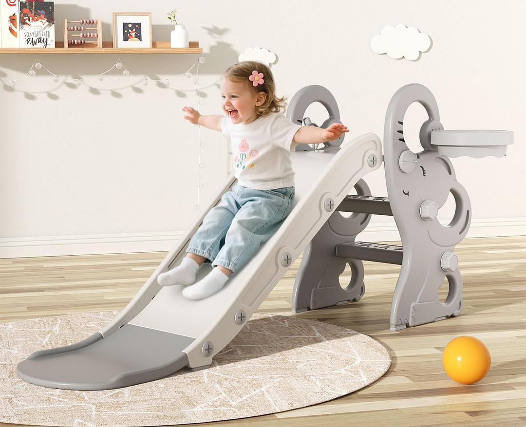 Babytronic Toddler Slide, Kids Indoor Outdoor Playset with Basketball Hoop & Ring Toss, Foldable Baby Plastic Slide, Outdoor Playground Climber Slide (Gray&White)