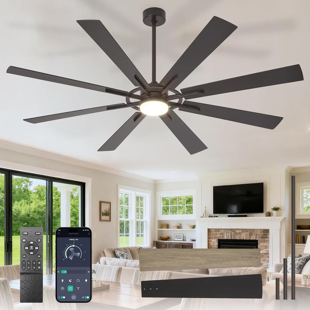 DLLT 72-Inch Ceiling Fan with Light: Farmhouse 8-Blade Black Wood Grain Indoor Outdoor Fans with Remote App Control Dimmable Light - Ultra Quiet DC Motor Reversible 6 Speed Timer