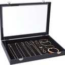 Juvale Black Velvet Jewelry Display Case Tray - 13.75 x 9.5 x 2 In - Glass Top Jewelry Box & Organizer