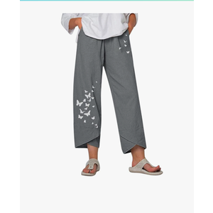 Costaric Cotton Linen Casual Summer Capri Pants Printed Cropped Comfy Baggy Trousers with Pockets Palazzo Lounge Pants, Size L