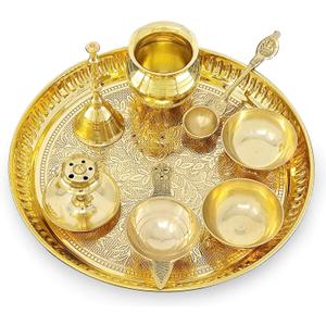 BENGALEN Brass Puja Thali Set 8 Inch Pooja Thali with Pital Design Plate Kalash Chandan Wati Dhup Dan Diya Ghanti Palli Arti Thali for Diwali Home Office Mandir Wedding Return Gift Items