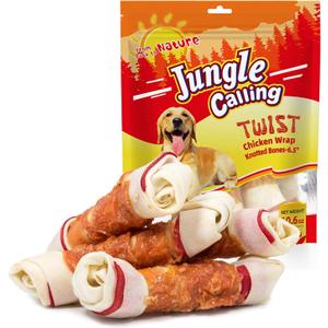 Jungle Calling Chicken Wrap Knotted Bones Dog Chews, Long Lasting Beefhide Treats Real Rawhide Bones for Large Dogs Edible Training Treats (EXP 01/09/26)