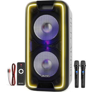 Dolphin 1000W Karaoke Party Speaker with 2 Wireless Microphones, Bluetooth, LED Lights, Tailgate Ready, and Long-Lasting Battery