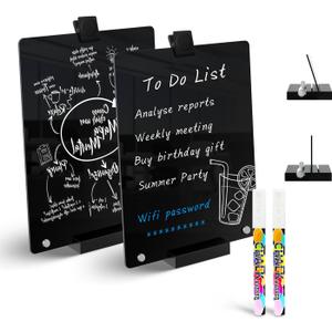 2 PCS Desktop Black Dry Erase Board with Stand - 12 x 8 Small Acrylic Black Board with Marker and Magnetic Clip, Reusable Desk Notepad, to-Do List, Menu Board Signs for Bar, Office, Home