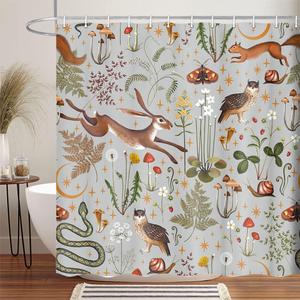 Fairy Rustic Forest Shower Curtain for Bahtroom, Country Woodland Wild Animals Butterfly Mushroom Set Hunting Shower Curtain, Farmhouse Rustic Cabin Lodge Shower Curtain Set with Hooks 70X70IN (Grey)