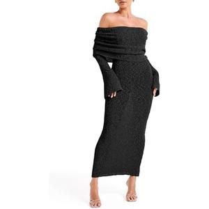 Saodimallsu Women's Off Shoulder Summer Maxi Dress Bell Long Sleeve Sexy Bodycon Strapless Sheer Beach Swimsuit Coverup Size M
